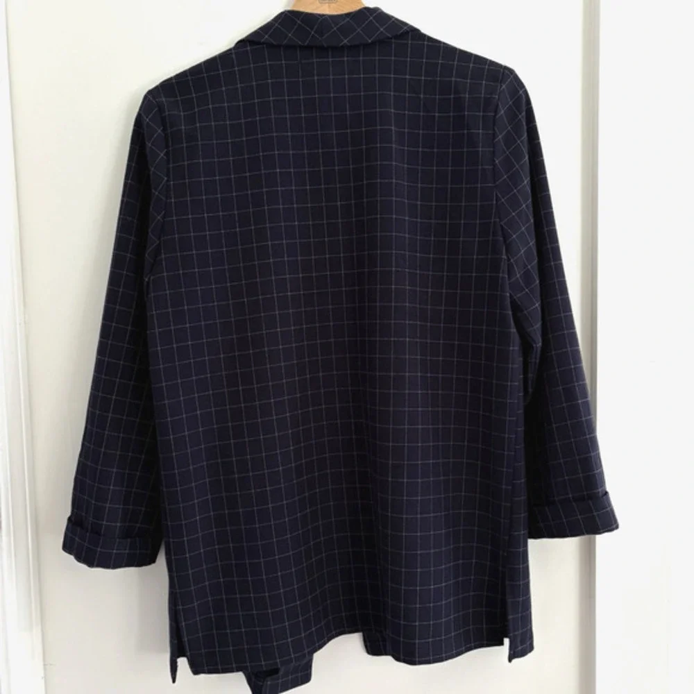 RACHEL‎ ZOE Open Front Knit Blazer Jacket Navy Blue Windowpane Check Preppy S
